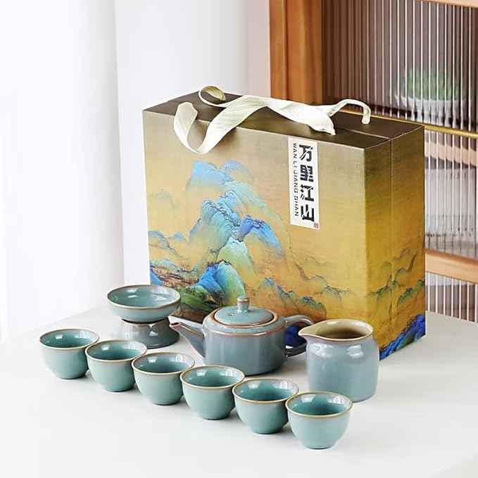 Chinese Tea Set, 10-Piece Ceramic Set with Teapot and Cups, Gongfu Tea Set,Tea Gift Sets,Outdoor and Office (purple and green)
