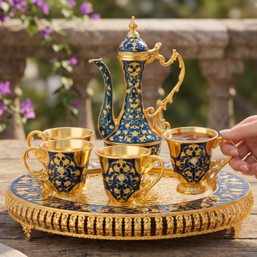Vintage Extra Large Turkish Coffee & Tea Pot Set for 6 by Gute with Large Crystal Tray & Teapot Gold with Shiny Crystal
