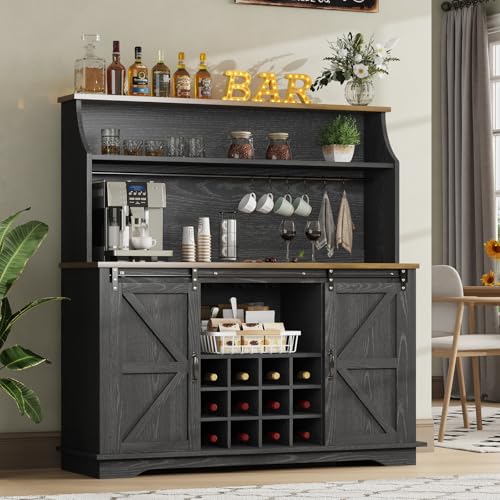 55" Farmhouse Coffee Bar Cabinet with 3 Tier Storage Hutch