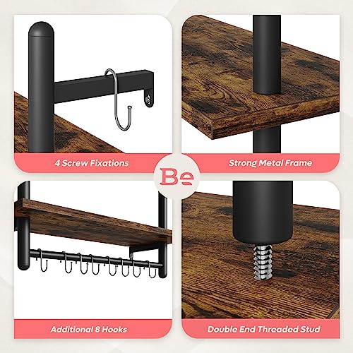 24" 2 Tier Industrial Pipe Wall Shelf with 8 Hooks