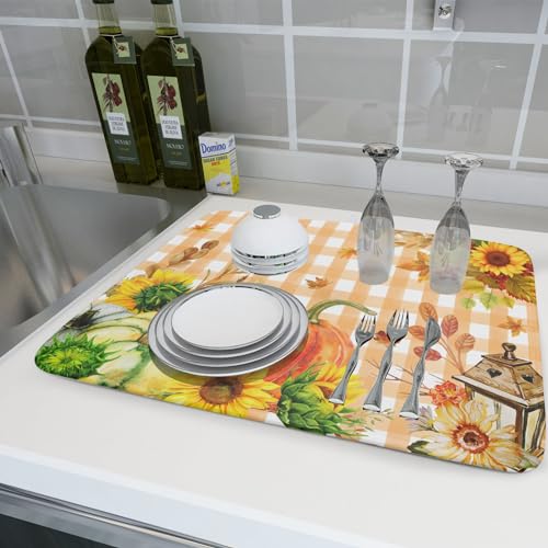 Autumn Maple Leaf Orange White Check Plaids Dish Drying Mat for Kitchen Counter