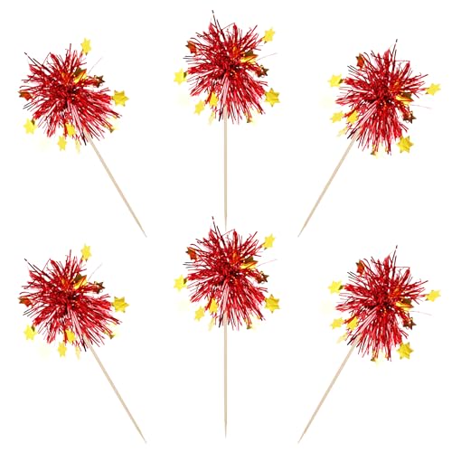 30 PCS Foil Firework Cupcake Toppers Happy Birthday Star Cupcake Picks Sparkle Tinsel Drink Stirrers Cocktail Fruit Toothpicks for Valentine's Day Wedding Birthday Party Decorations Supplies Red (30 Count)