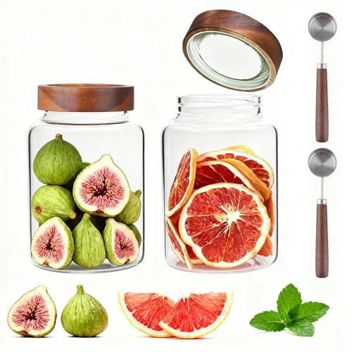 60 oz Glass Coffee Jars with Wooden Airtight Lid Spoon Clear Herb Ground Canister Round Food Storage Container for Sugar Pantry Flours Tea Coffee Bean Spice Cookies