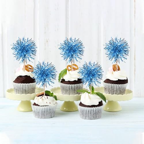 40 PCS Foil Firework Cupcake Toppers Light Blue Sparkler Cupcake Picks Sparkle Tinsel Fireworks Decorations Cocktail Fruit Toothpick for Firework Theme Birthday Wedding Graduation Party Decor Supplies (40 Count)