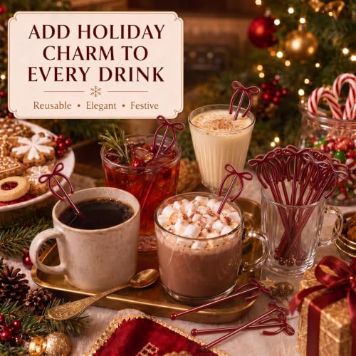 30 Pcs Christmas Drink Stirrers Burgundy Bow Stir Sticks (30 Count)