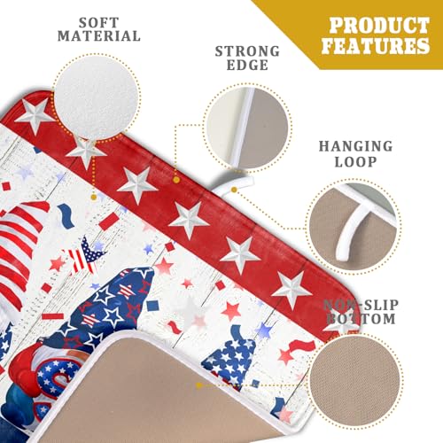4th of July Gnomes Dish Drying Mat 16x18 inch Patriotic Elf Usa Stars Dish Drainer Mats Independece Day Small Microfiber Dish Drying Pad for Kitchen Countertop Holiday Decor