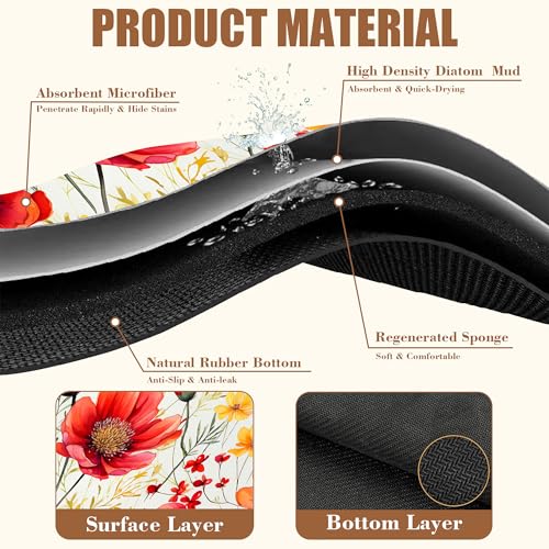 Red and Yellow Flowers Coffee Mat Absorbent Dish Drying Mat for Kitchen Counter Hide Stain Rubber Backed Coffee Bar Accessories Fit Under Espresso Machine Dish Drainer