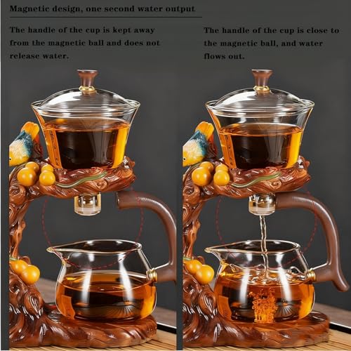 Lazy Kungfu Glass Tea Set Heat Resistant Semi Automatic Drip Rotating with Infuser Magnetic Teapot Set for Gongfu Tea Making Ideal