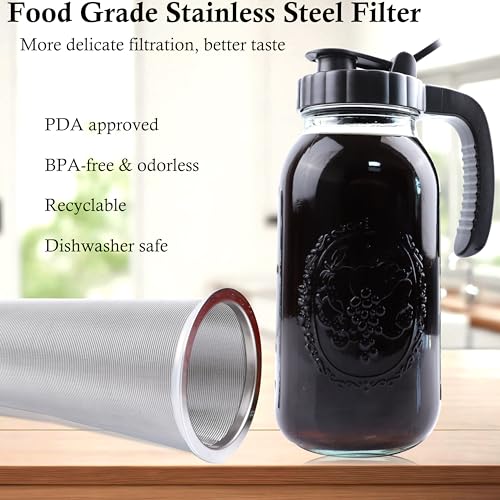 Cold Brew Coffee Maker Half Gallon 2 Set Glass Mason Jar Pitcher With Spout Lid Filter 2 Quart Wide Mouth Iced Tea Brewing Jug Heavy Duty Handle Airtight & Leak (2 Count)