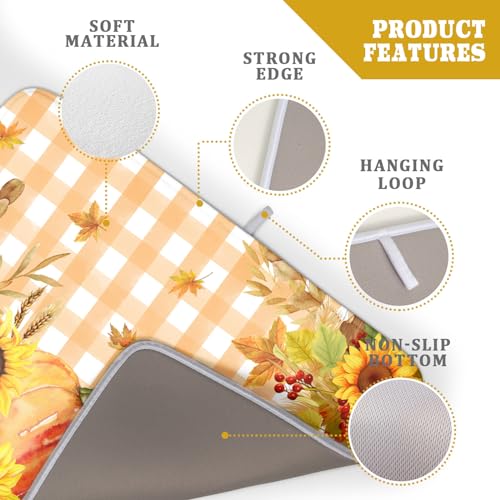 Autumn Maple Leaf Orange White Check Plaids Dish Drying Mat for Kitchen Counter