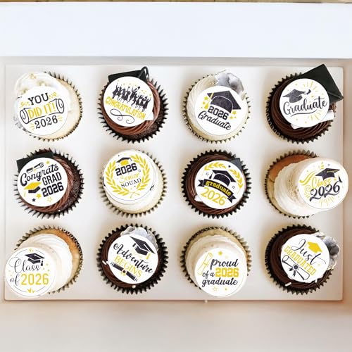 48Pcs Edible Graduation Cap 2026 Cupcake Toppers Wafer Paper Grad Cap Diploma Cake Decoration Picks for 2026 Grad Theme Party Cake Decor Supplies Black White Gold (48 Count)