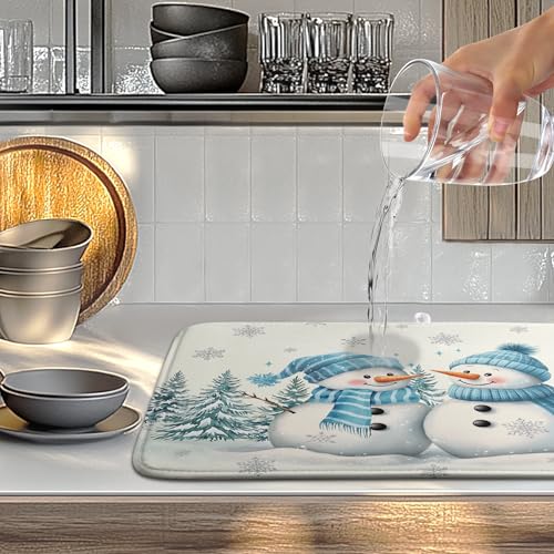 Winter Dish Drying Mat Winter Snowman Large Kitchen Mats Dish Drying Pad Blue Snowman Pine Tree Absorbent Dish Dryer Mat for Kitchen Countertops Microfiber Drainer Pad Dish Drying Mats