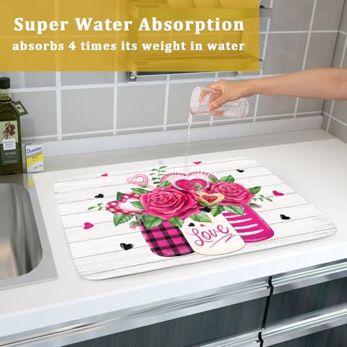 Valentine's Day Rose Flower Dish Drying Mat for Kitchen Counter
