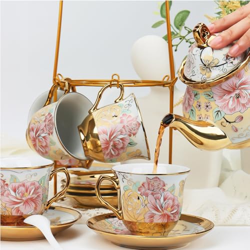 20 Pcs Porcelain Tea Set with Metal Holder (20 Count)