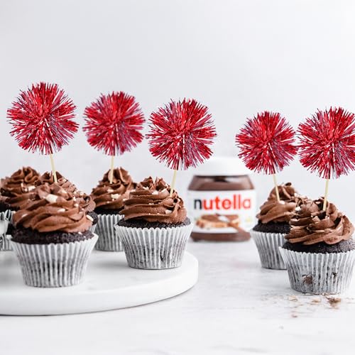 30Pcs Foil Firework Cupcake Toppers Sparkle Tinsel Cupcake Picks Happy Birthday Cake Toppers Drink Stirrers Cocktail Food Fruit Toothpicks for Baby Shower Birthday Party Supplies Red (30 Count)