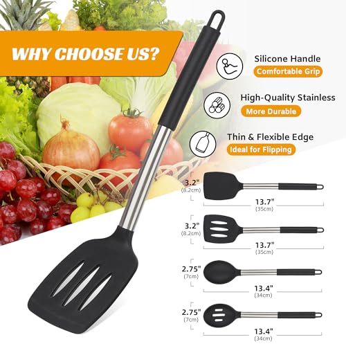 Silicone Cooking Kitchen Utensils Set Kitchen Utensils Set Silicone Cooking Utensils Set for Nonstick Cookware Perfect for Baking and Mixing Spatula Set BPA Free Dishwasher Safe Black 4 Pack (4 Count)