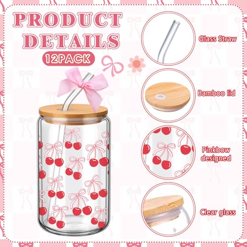 12 Pack Pink Bow Glass Cups with Lids and Straws 16 oz (12 Count)