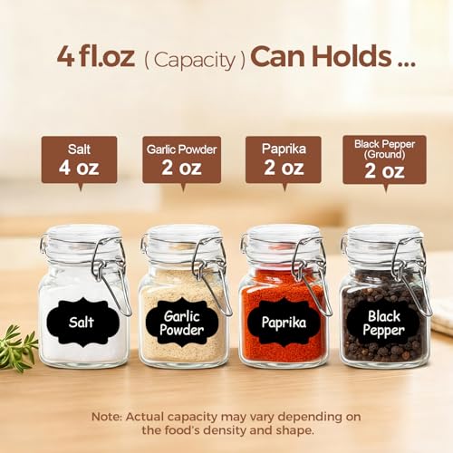 Square Glass Spice Jars 4 oz 6 Pack with Labels and Funnel Set (6 Count)