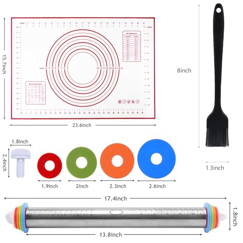 Adjustable Rolling Pin 3 Set and Silicone Baking Pastry Mat Silicone Bush Set