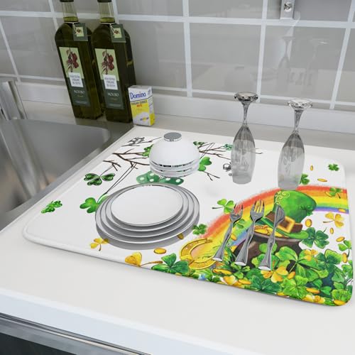 St Patrick Dish Drying Mat Large Lucky Clover Tree Shamrock Dish Drainer Mats 18x24inch Spring Elf Hat Rainbow Colorful Fast Drying Absorbent Dish Drying Pad for Kitchen Counter Decor
