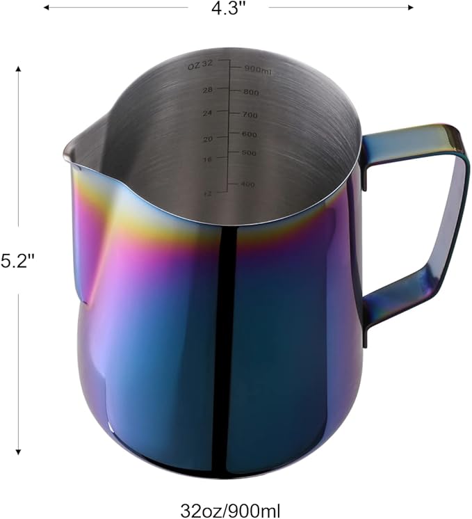 Milk Frothing Pitcher 32oz Stainless Steel Cup Double Measurement Scale Perfect for Latte Art Frother SUS304 Steaming 900ML Rainbow, Multicolor