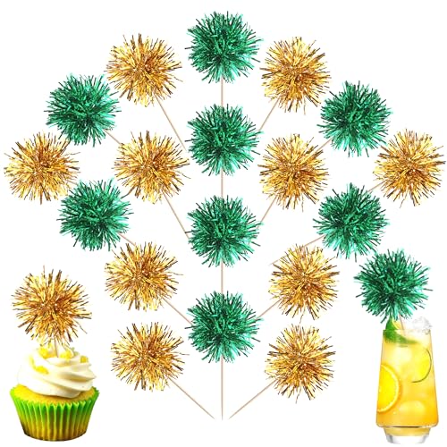 40 PCS Foil Firework Cupcake Toppers Fireworks Cupcake Picks Sparkle Tinsel Cake Decorations Cocktail Fruit Toothpick for Firework Theme Birthday Wedding Graduation Party Decor Supplies Gold Green (40 Count)