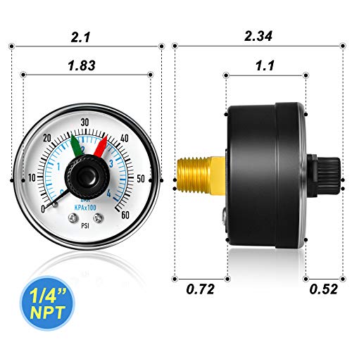 0-60Psi 1/4" NPT Pressure Gauge Box with dial for selecting Filter, 3-2-3% Accuracy, Center Back Mount, with 1/2" NPT and 3/8" NPT Hex Bushing