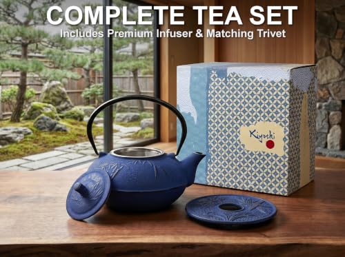 85 Oz XXL Blue Bamboo Cast Iron Teapot