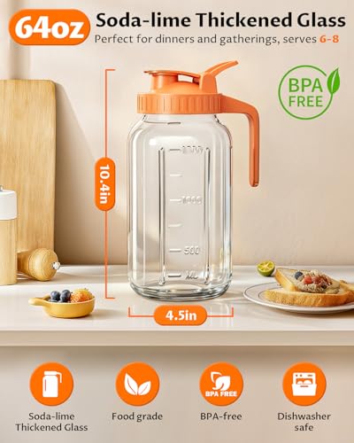 64oz (2quart) Mason Jar Pitcher, Glass Pitcher with Lid for Tea & Cold Brew