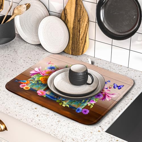 Colorful Flowers Dish Drying Mat for Kitchen Counter 16x18in Spring Summer Flower Vases Dish Mat Drying Absorbent Microfiber Dish Drainer Rack Mats Botanical Floral Dishes Pad for Countertops