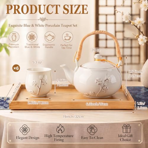 Japanese Asian Tea Set for Adults with 1 Teapot 6 Cups 1 Tray