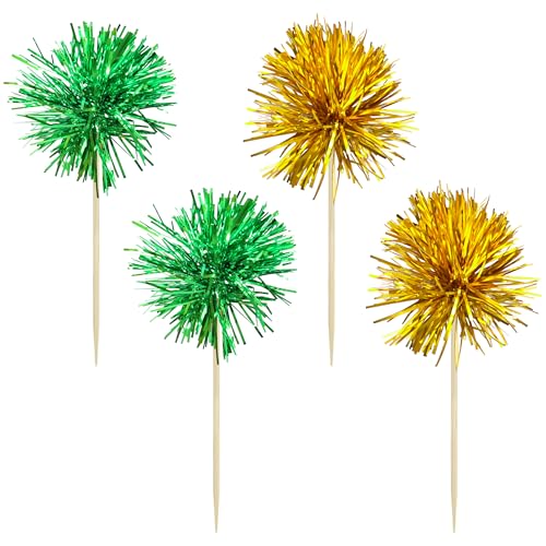 30Pcs Foil Firework Cupcake Toppers Sparkle Tinsel Cake Toppers Tinsel Drink Cake Decoration Cocktail Picks for Birthday Wedding Graduation Party Supplies Gold Green (30 Count)