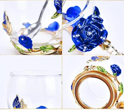 Tea Cup Gifts for Mom Women Mothers Day Glass Coffee Enamels Mug Birthday Butterfly Rose Gifts for Her Valentines Day Christmas Tea Cup with Spoon