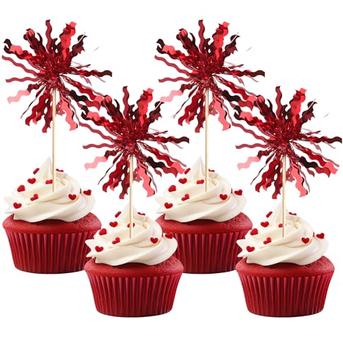 30 PCS Foil Firework Cupcake Toppers Sparkle Tinsel Cupcake Picks Happy Birthday Cake Toppers Drink Stirrers Cocktail Food Fruit Toothpicks for Baby Shower Birthday Party Decorations Supplies Red (30 Count)