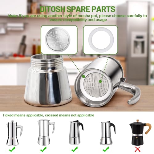 2 Pcs Filter with 3 Pcs Silicone Gasket Seals for 12 Cup Stovetop Espresso Coffee Maker Replacement Parts for 304 Stainless Steel Moka Pot (5 Count)
