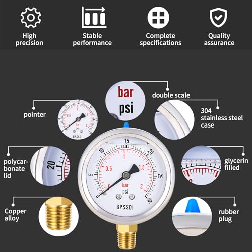 0 30 Psi Glycerin Liquid Filled Low Pressure Gauge