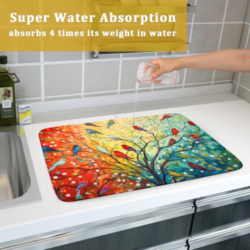 Dish Drying Mat for Kitchen Counter 18x24 Inch Summer Floral Birds Kitchen Drying Mat Fast Dry Absorbent Microfiber Dish Drainer Rack Pad Flower Mat for Countertop Decor