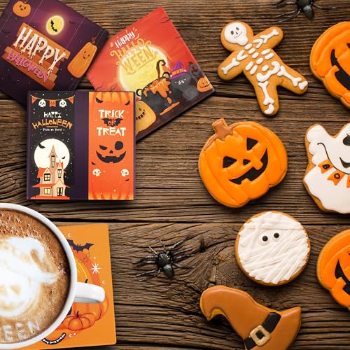 Halloween Coasters Absorbent Ceramic Coaster for Drinks with Black Holder and Cork Base Set of 4