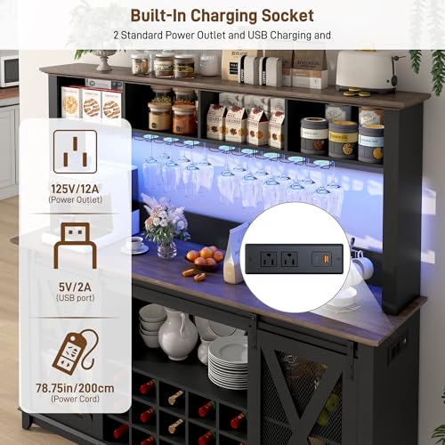 63"Wide 58"H Farmhouse Coffee Bar Cabinet with Power Outlet and LED Light