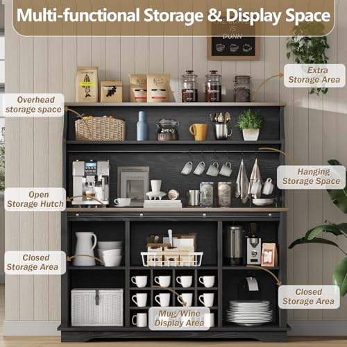 55" Farmhouse Coffee Bar Cabinet with 3 Tier Storage Hutch