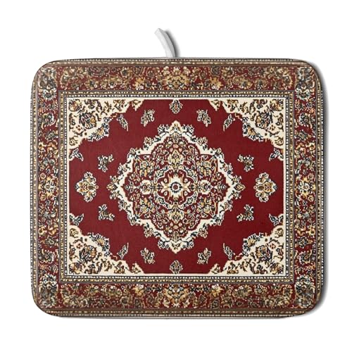 Vintage Boho Dish Drying Mat Antique Tribal Rustic Red Floral Dish Drainer Mats 16"x18" Ethnic Carpet Microfiber Reversible Dish Drying Rack Pad Protector for Kitchen Countertop Decor