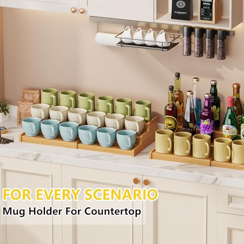 3 Tier Expandable Bamboo Mug Holder For Countertop Coffee Cup Holder Display Mug Organizer Mug Rack for Coffee Bar Organizer Mug Shelf for Cabinet for Kitchen (16 Ounce)