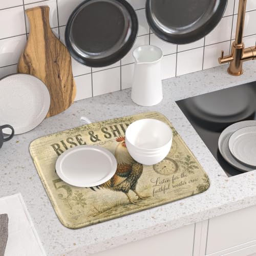 Farmhouse Rooster Dish Drying Mat 16 x 18 Inch with Hanging Loop High Absorbent Reversible Microfiber Dish Drying Pad Drainer Mat for Kitchen Counter Coffee Bar