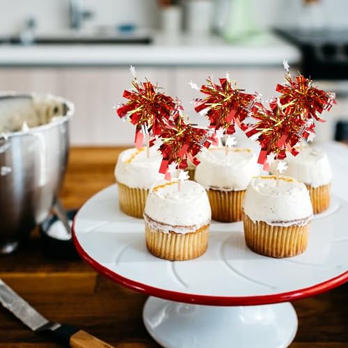30 PCS Foil Firework Cupcake Toppers Happy Birthday Star Cupcake Picks Sparkle Tinsel Drink Stirrers Cocktail Fruit Toothpicks for Valentine's Day Wedding Birthday Party Decorations Supplies Red Gold (30 Count)