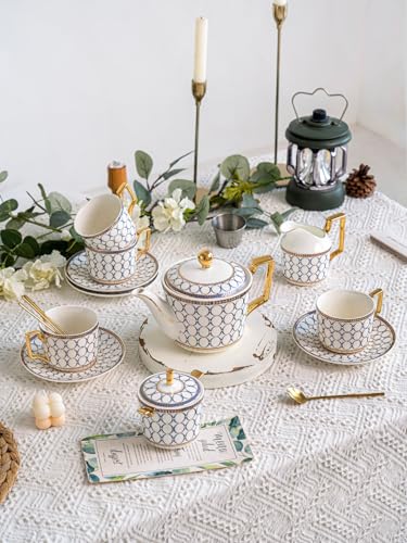 7 Oz Bone China Blue Tea Cup and Saucer Service for 4 (13 Count)