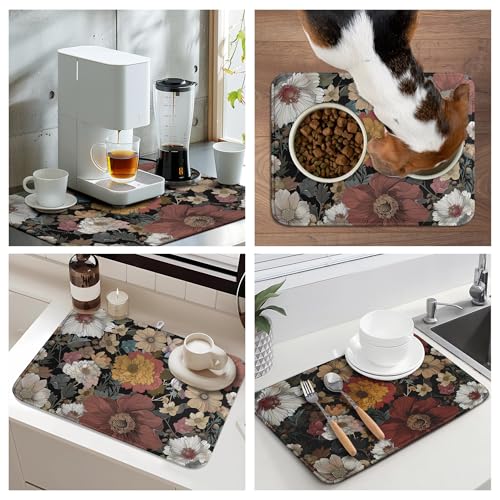 Spring Boho Floral Dish Drying Mats Spring Summer Vintage Flowers Dish Mat Farmhouse Drying Matt Dishes Dryer Pad for Kitchen Counter Absorbent Microfiber Washable Foldable Reusable 18x24 in