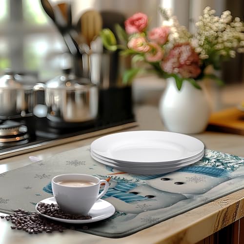 Winter Dish Drying Mat Winter Snowman Large Kitchen Mats Dish Drying Pad Blue Snowman Pine Tree Absorbent Dish Dryer Mat for Kitchen Countertops Microfiber Drainer Pad Dish Drying Mats