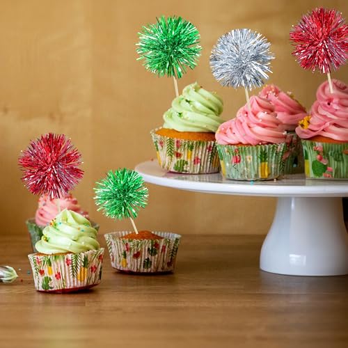 30Pcs Foil Firework Cupcake Toppers Sparkle Tinsel Cake Toppers Tinsel Drink Cake Decoration Cocktail Picks for Birthday Wedding Graduation Party Supplies Silver Green Red (30 Count)