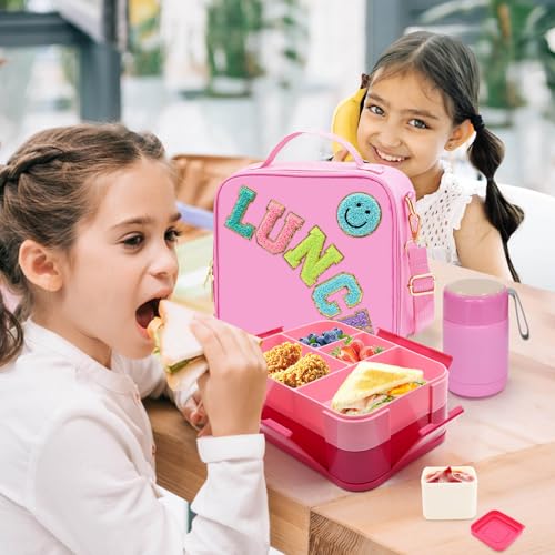 Pink Lunch Box for Girl with 10oz Thermo 6 Compartment Bento Set