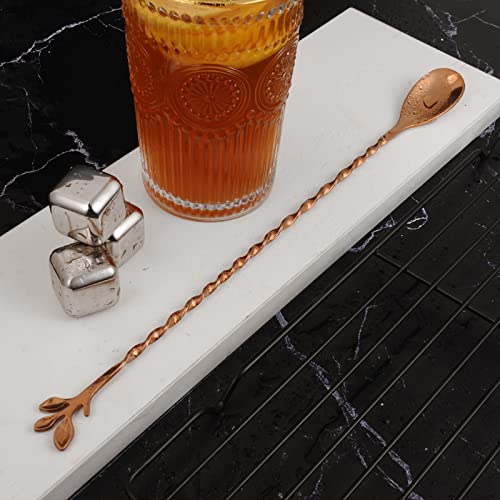 Rose Gold 12 Inch Stainless Steel Cocktail Spoon with Leaf Handle